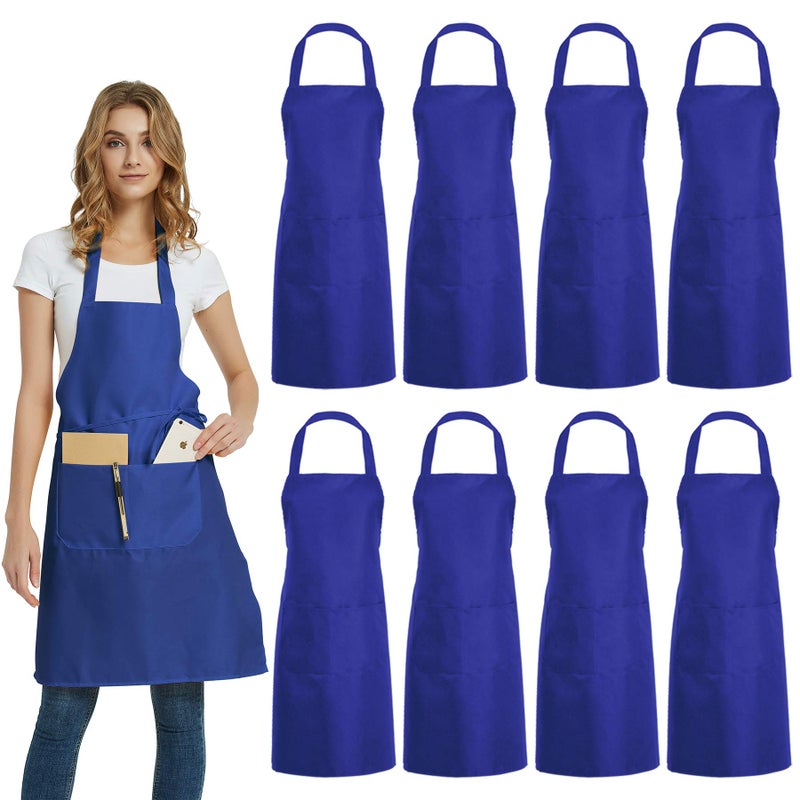 DUSKCOVE 8 Pack Bib Aprons Bulk - Unisex Blue Commercial Apron with 2 Pockets for Kitchen Crafting BBQ Drawing Cooking - Image 1